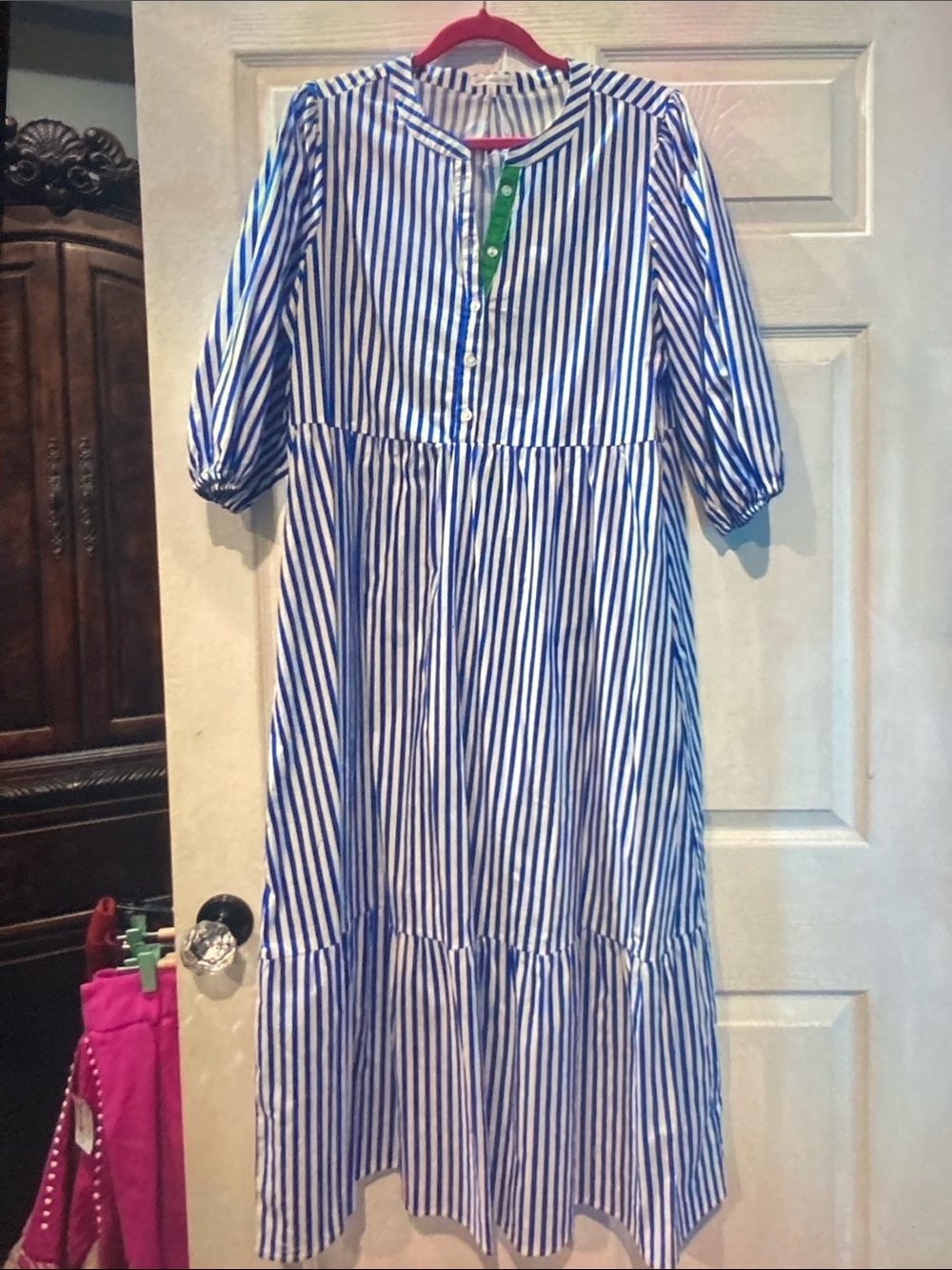 Blue and White Striped Maxi Dress with Green Button Placket